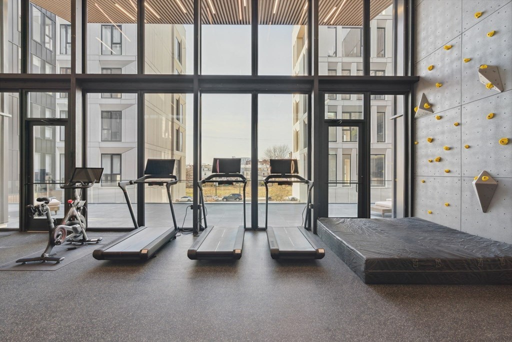 A gym with treadmills, exercise bikes, and a climbing wall.