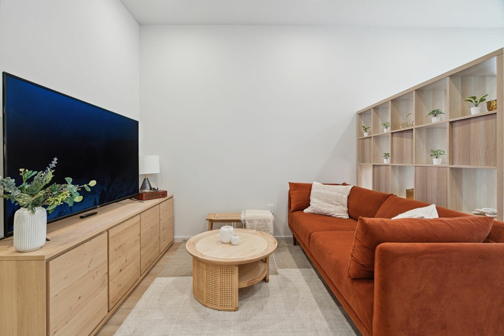 A living room with a brown couch, a wooden cabinet, and a TV.