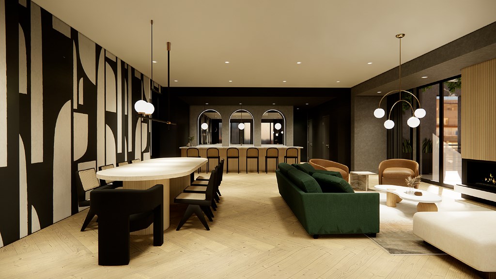 A modern living room with a green sofa and wooden furniture.