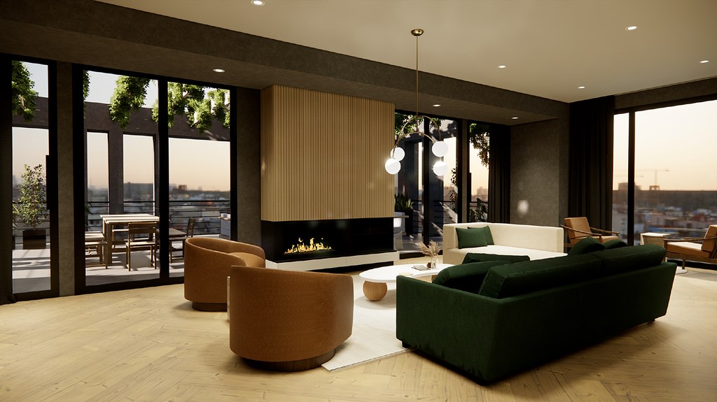 A modern living room with a fireplace and a view of the city.