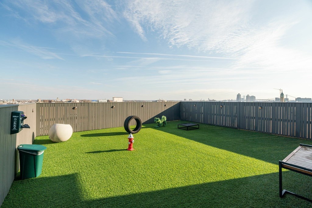 A backyard with a green lawn and a red fire hydrant.