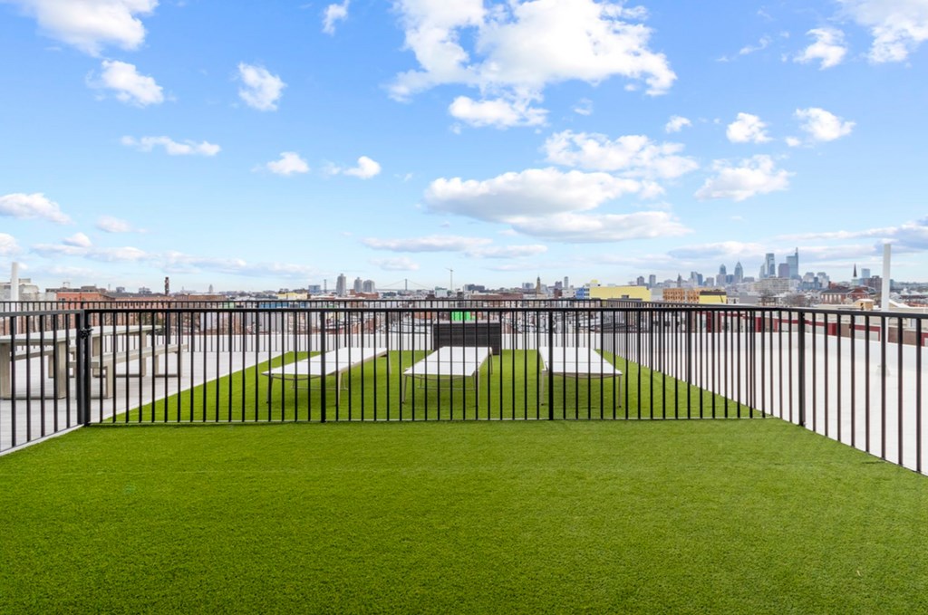 A black fence surrounds a green field with a city skyline in the background.