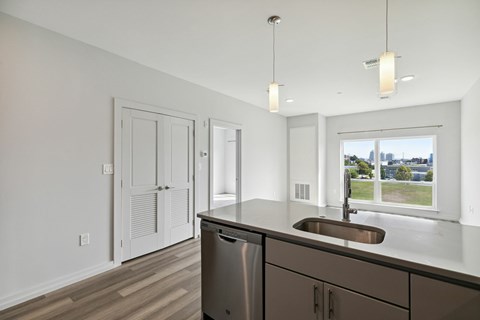 A kitchen with a stainless steel sink and cabinets.