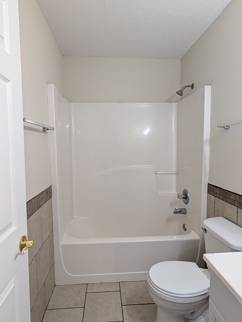 A white toilet sits next to a bathtub in a bathroom.