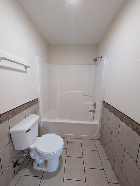 A white toilet sits next to a bathtub in a small bathroom.