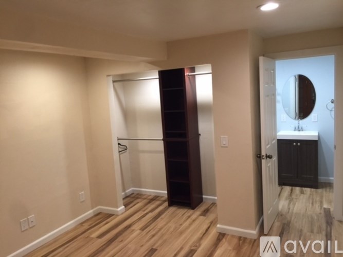A room with a wooden floor and a large closet with a mirror.
