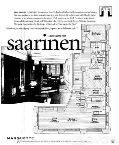 A black and white image of a house floor plan with the title "saarinen" and the Marquette logo.