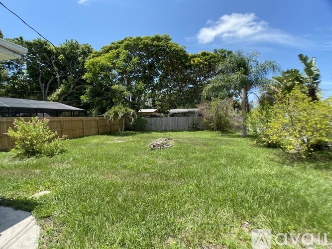 A backyard with a wooden fence and green grass.