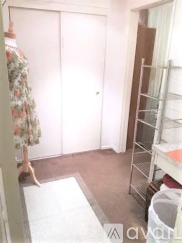 A room with a white door, a metal shelf, and a woman wearing a floral dress.