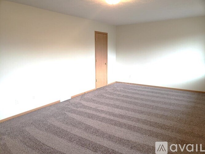A room with a carpeted floor and a closed door.