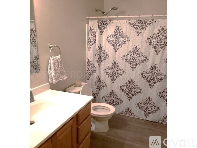 A bathroom with a toilet, sink, and shower curtain.