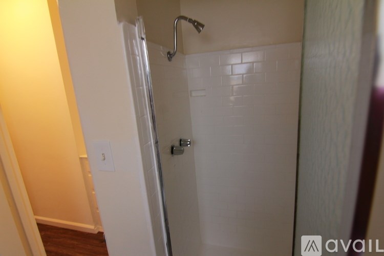 A bathroom with a walk in shower and a white door.