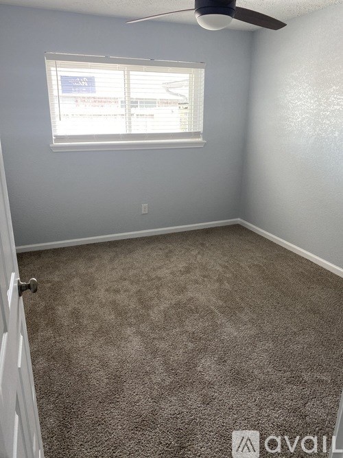 A room with a carpeted floor and a ceiling fan.