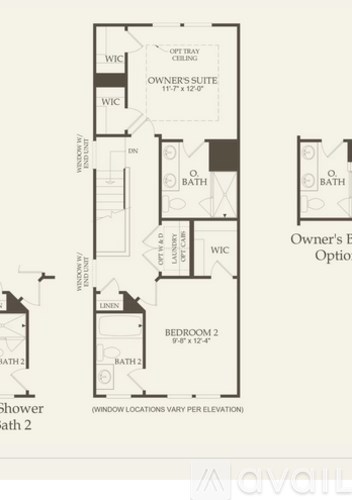 A floor plan of an apartment with two bedrooms, two bathrooms, and a shower.