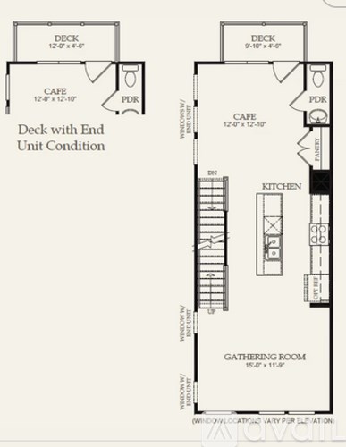 A floor plan shows a deck with end unit condition, a cafe, a kitchen, and a gathering room.