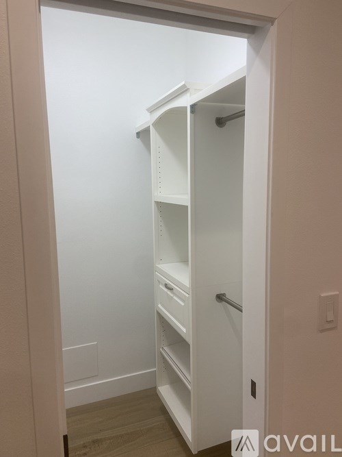 A white pantry with shelves and a door open.