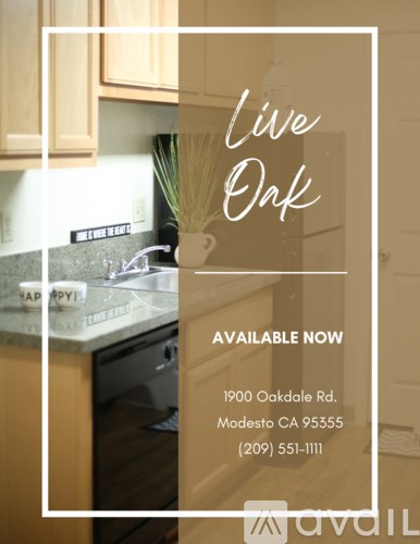 A kitchen with a sink and a sign that says Live Oak.