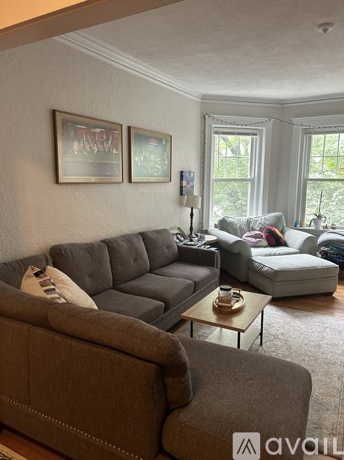 A living room with a grey sectional sofa and a brown sofa.