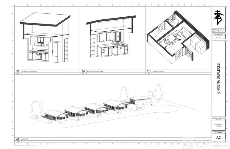 A technical drawing of a building with three different elevation views and a plan view.