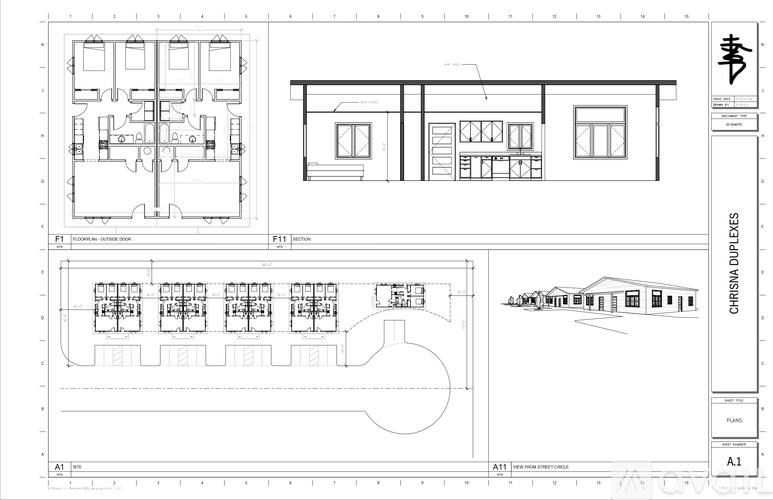 A technical drawing of a building with labeled parts and measurements.