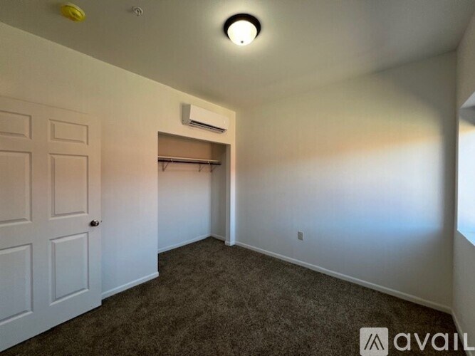 A room with a carpeted floor, a white door, and a window with blinds.