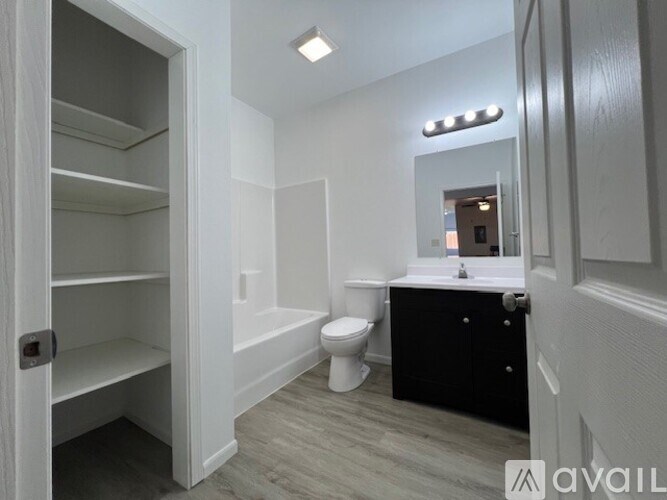 A bathroom with a toilet, sink, and shelves.