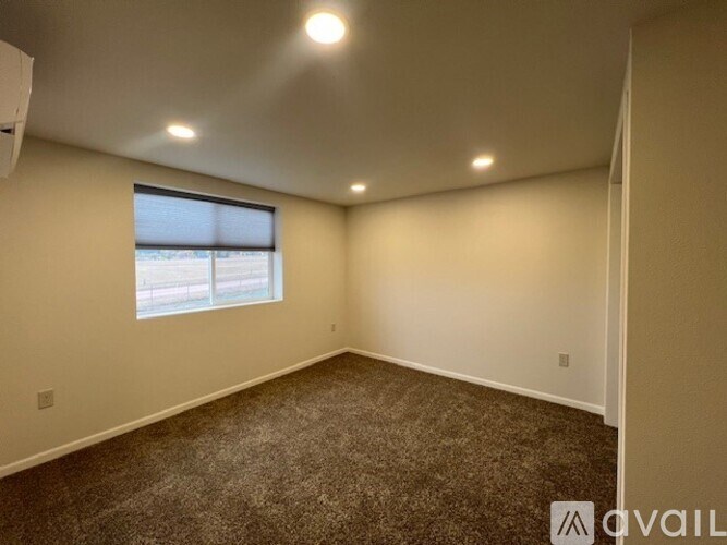 A room with a carpeted floor and a window with blinds.