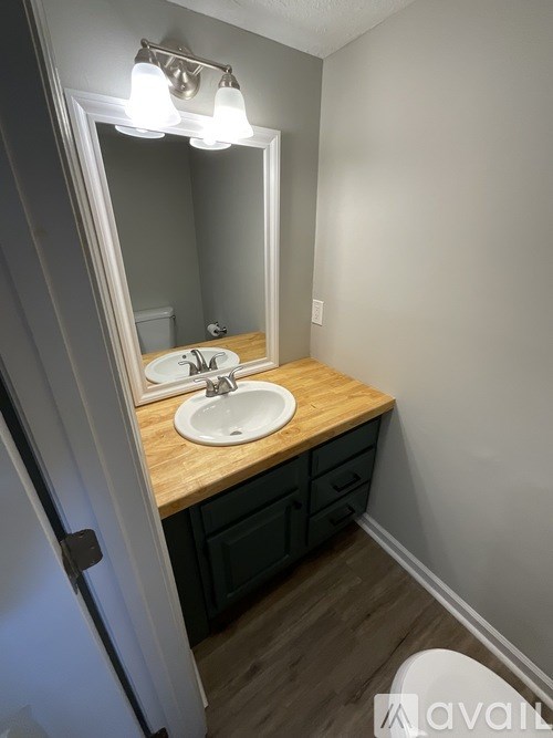 A bathroom with a wooden countertop and a white sink.