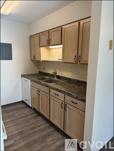 A kitchen with wooden cabinets and a granite countertop.