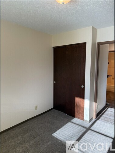 A room with a brown door and a carpeted floor.