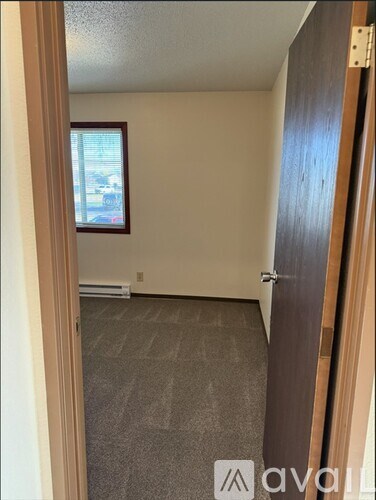 A room with a carpeted floor and a window.