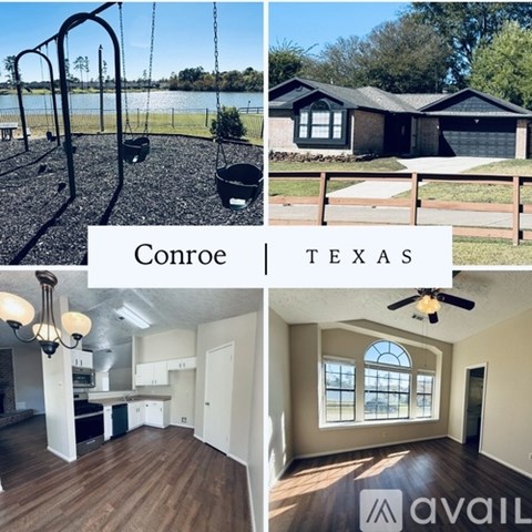 A collage of Conroe, Texas properties including a playground, a house, and an interior room.