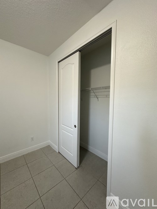 A white door is open to a small closet.