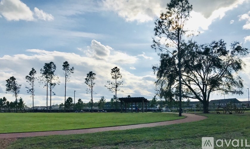 A park with a walking path and trees.