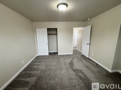 A carpeted room with two doors and a ceiling light.