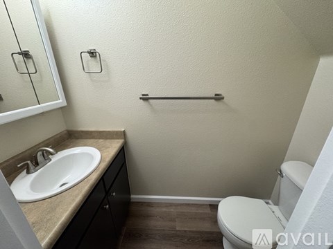 A bathroom with a toilet, sink, and towel rack.