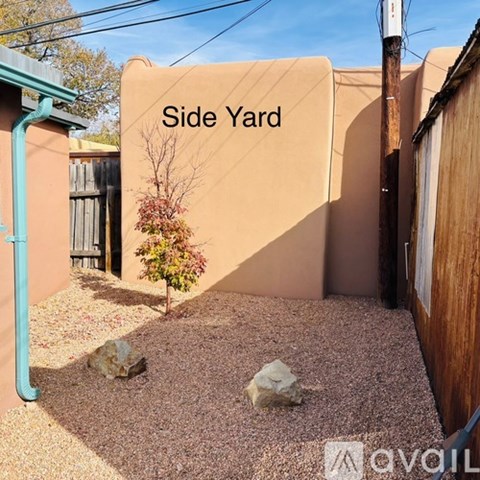 A small tree is planted in a gravel area in front of a tan wall with the words "Side Yard" written on it.