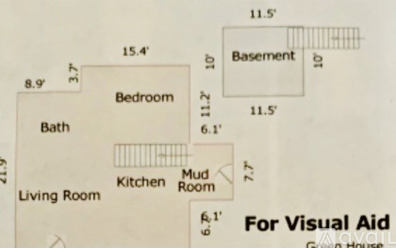 A drawing of a house layout with a living room, kitchen, bath, bedroom, and basement.