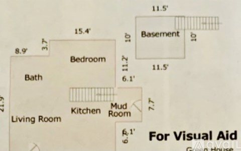 A drawing of a house layout with a living room, kitchen, bath, bedroom, and basement.