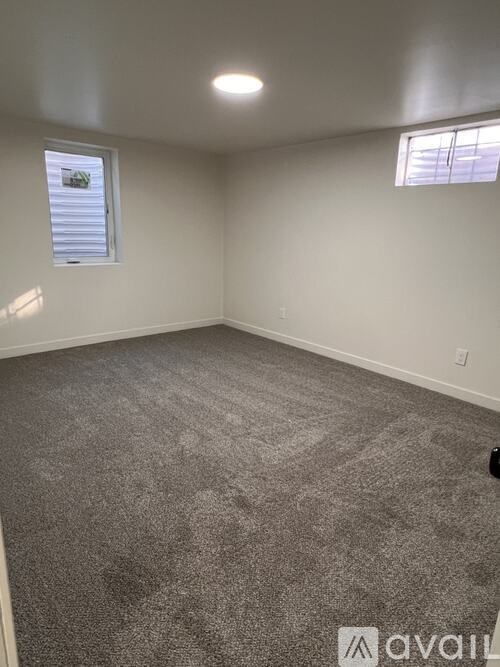 A room with grey carpet and two windows.
