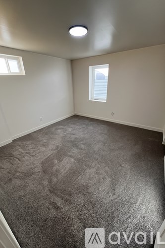 A room with a grey carpet and two windows.