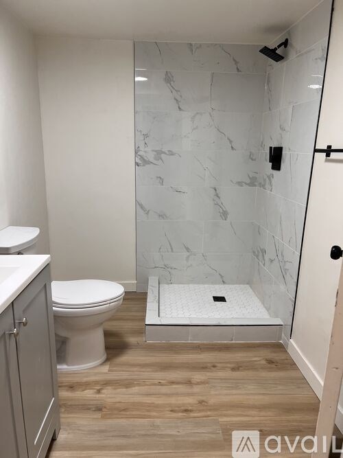 A bathroom with a toilet, a walk-in shower, and a wooden floor.