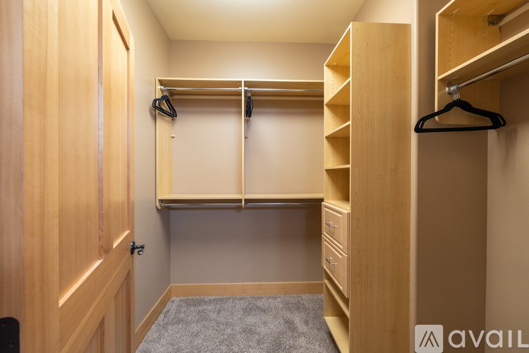 A wooden closet with a grey carpet and a hanging rail.