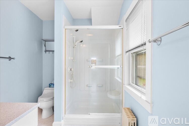 A bathroom with a toilet, a walk-in shower, and a window.