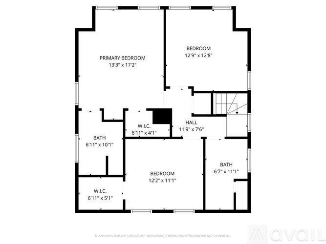 A black and white image of a floor plan for a house with three bedrooms and two bathrooms.