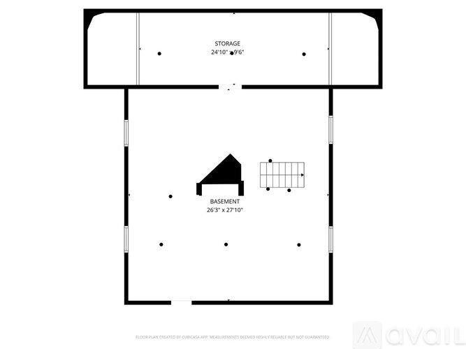 A floor plan shows a basement with a storage area above it.