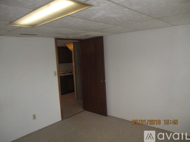 A room with a carpeted floor and a brown door.