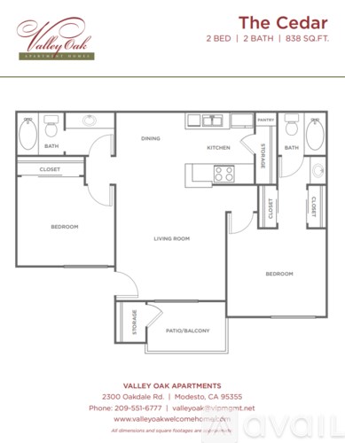 A floor plan for a 2 bedroom, 2 bath apartment at Valley Oak Apartments.