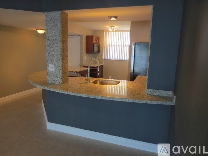 A kitchen with a sink and a counter.