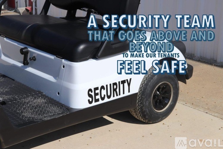 A security vehicle is parked with the text "A SECURITY TEAM THAT GOES ABOVE AND BEYOND TO MAKE OUR TENANTS FEEL SAFE".